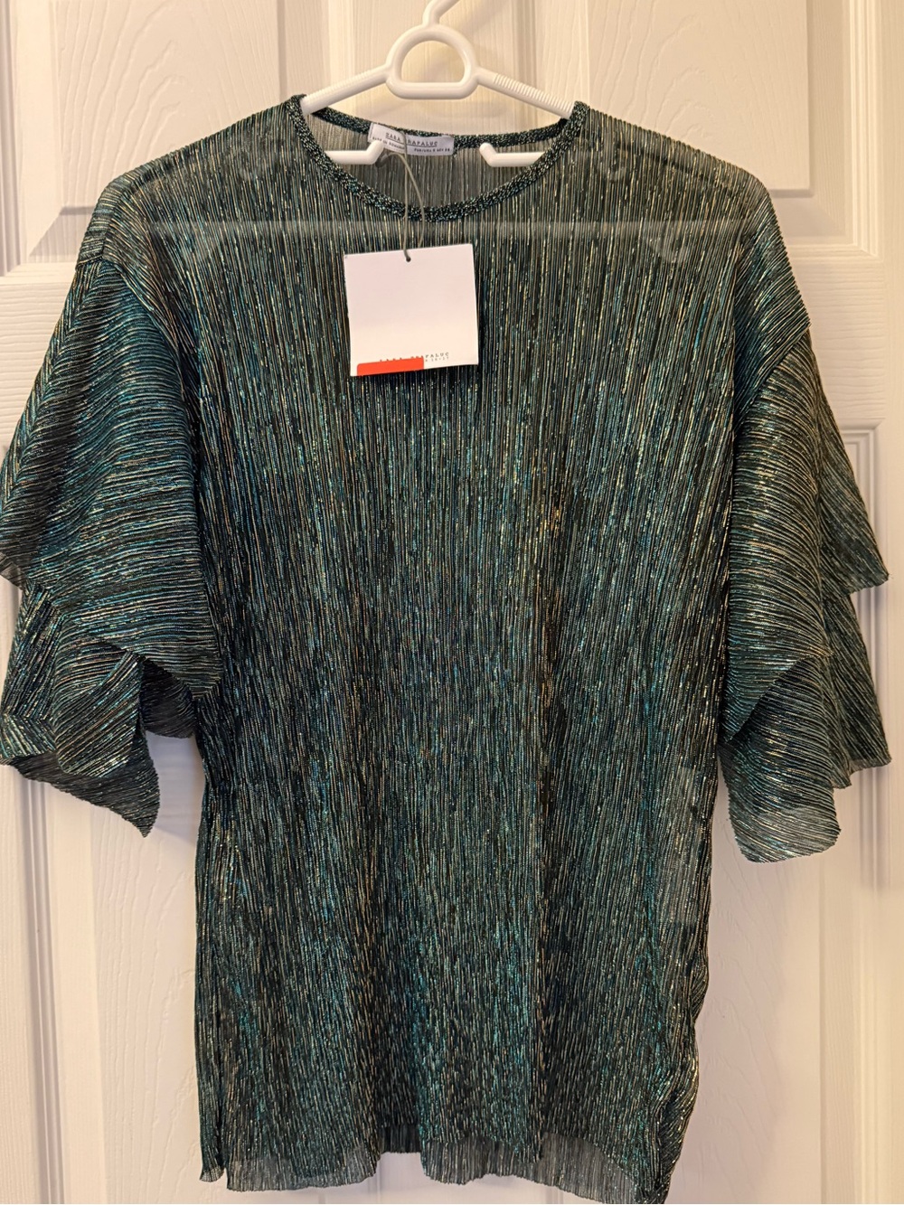 Zara Metallic Teal Ruffle Short Sleeve Top